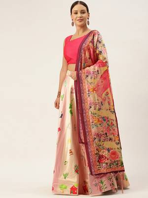 Pink Digital Floral Print Satin Silk Fabric Semistitched Lehenga Choli With Jequared Unstitched Blouse with Dupatta 1