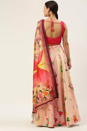 Pink Digital Floral Print Satin Silk Fabric Semistitched Lehenga Choli With Jequared Unstitched Blouse with Dupatta