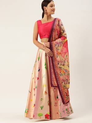 Pink Digital Floral Print Satin Silk Fabric Semistitched Lehenga Choli With Jequared Unstitched Blouse with Dupatta 3