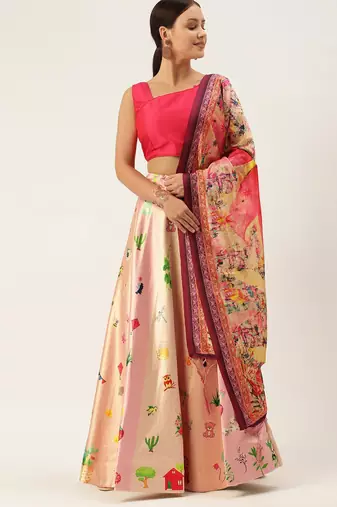 Pink Digital Floral Print Satin Silk Fabric Semistitched Lehenga Choli With Jequared Unstitched Blouse with Dupatta