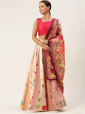 Pink Digital Floral Print Satin Silk Fabric Semistitched Lehenga Choli With Jequared Unstitched Blouse with Dupatta 4