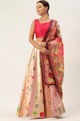 Pink Digital Floral Print Satin Silk Fabric Semistitched Lehenga Choli With Jequared Unstitched Blouse with Dupatta