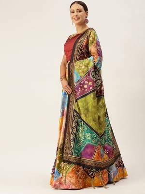 Red Digital Floral Print Satin Silk Fabric Semistitched Lehenga Choli With Jequared Unstitched Blouse with Dupatta 1