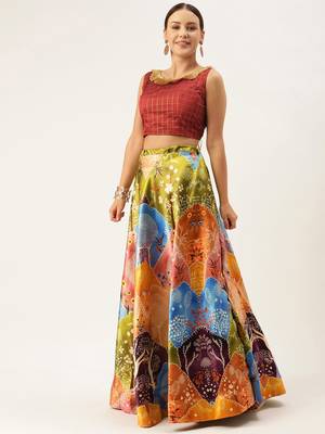 Red Digital Floral Print Satin Silk Fabric Semistitched Lehenga Choli With Jequared Unstitched Blouse with Dupatta 3