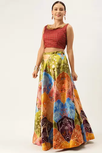 Red Digital Floral Print Satin Silk Fabric Semistitched Lehenga Choli With Jequared Unstitched Blouse with Dupatta