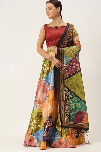 Red Digital Floral Print Satin Silk Fabric Semistitched Lehenga Choli With Jequared Unstitched Blouse with Dupatta