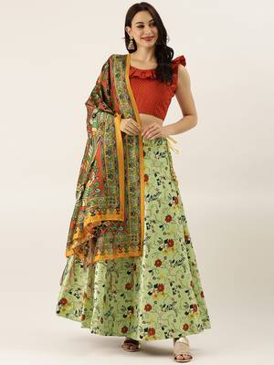 Red Digital Floral Print Satin Silk Fabric Semistitched Lehenga Choli With Jequared Unstitched Blouse with Dupatta 1