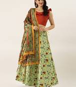 Red Digital Floral Print Satin Silk Fabric Semistitched Lehenga Choli With Jequared Unstitched Blouse with Dupatta