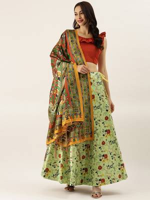 Red Digital Floral Print Satin Silk Fabric Semistitched Lehenga Choli With Jequared Unstitched Blouse with Dupatta 2