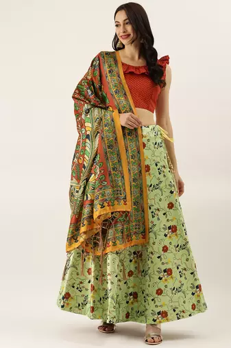 Red Digital Floral Print Satin Silk Fabric Semistitched Lehenga Choli With Jequared Unstitched Blouse with Dupatta