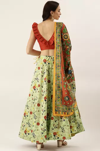 Red Digital Floral Print Satin Silk Fabric Semistitched Lehenga Choli With Jequared Unstitched Blouse with Dupatta