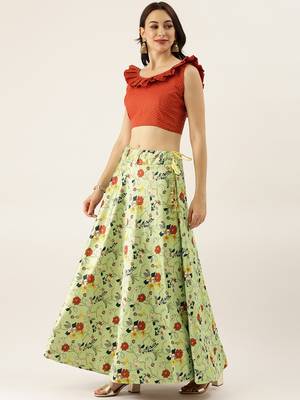 Red Digital Floral Print Satin Silk Fabric Semistitched Lehenga Choli With Jequared Unstitched Blouse with Dupatta 4