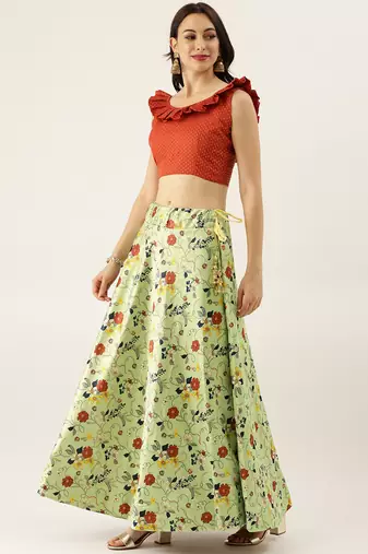 Red Digital Floral Print Satin Silk Fabric Semistitched Lehenga Choli With Jequared Unstitched Blouse with Dupatta