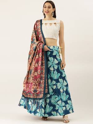 White Digital Floral Print Satin Silk Fabric Semistitched Lehenga Choli With Jequared Unstitched Blouse with Dupatta 1