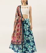 White Digital Floral Print Satin Silk Fabric Semistitched Lehenga Choli With Jequared Unstitched Blouse with Dupatta