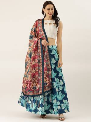 White Digital Floral Print Satin Silk Fabric Semistitched Lehenga Choli With Jequared Unstitched Blouse with Dupatta 2