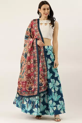 White Digital Floral Print Satin Silk Fabric Semistitched Lehenga Choli With Jequared Unstitched Blouse with Dupatta