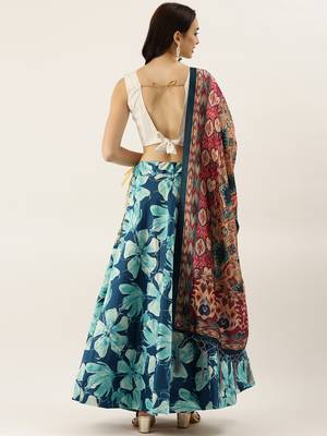 White Digital Floral Print Satin Silk Fabric Semistitched Lehenga Choli With Jequared Unstitched Blouse with Dupatta 3