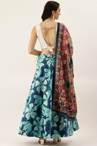 White Digital Floral Print Satin Silk Fabric Semistitched Lehenga Choli With Jequared Unstitched Blouse with Dupatta