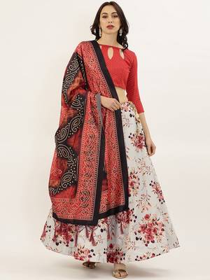 Red Digital Floral Print Satin Silk Fabric Semistitched Lehenga Choli With Jequared Unstitched Blouse with Dupatta 1