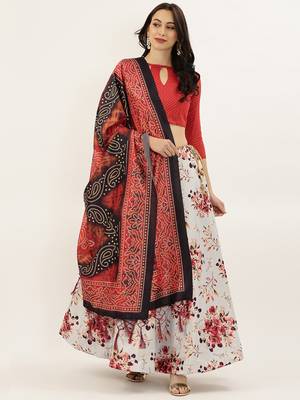 Red Digital Floral Print Satin Silk Fabric Semistitched Lehenga Choli With Jequared Unstitched Blouse with Dupatta 2