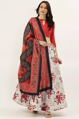 Red Digital Floral Print Satin Silk Fabric Semistitched Lehenga Choli With Jequared Unstitched Blouse with Dupatta