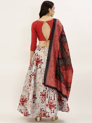 Red Digital Floral Print Satin Silk Fabric Semistitched Lehenga Choli With Jequared Unstitched Blouse with Dupatta 3