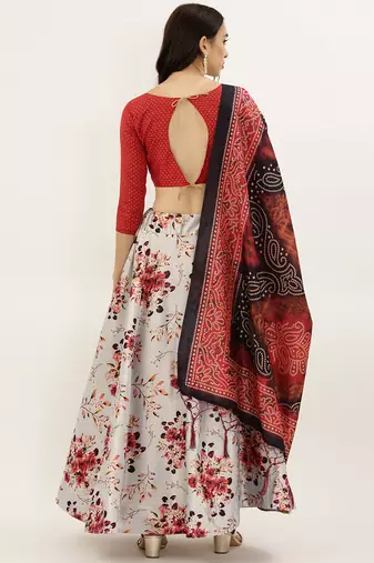 Red Digital Floral Print Satin Silk Fabric Semistitched Lehenga Choli With Jequared Unstitched Blouse with Dupatta