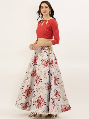 Red Digital Floral Print Satin Silk Fabric Semistitched Lehenga Choli With Jequared Unstitched Blouse with Dupatta 4