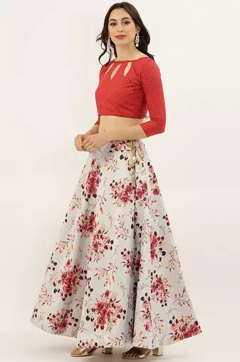 Red Digital Floral Print Satin Silk Fabric Semistitched Lehenga Choli With Jequared Unstitched Blouse with Dupatta