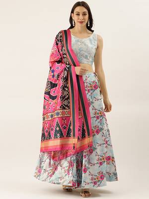 Blue Digital Floral Print Satin Silk Fabric Semistitched Lehenga Choli With Jequared Unstitched Blouse with Dupatta 1