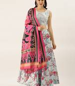 Blue Digital Floral Print Satin Silk Fabric Semistitched Lehenga Choli With Jequared Unstitched Blouse with Dupatta