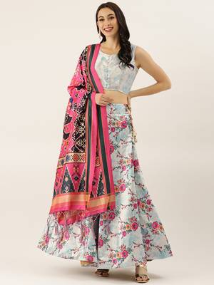 Blue Digital Floral Print Satin Silk Fabric Semistitched Lehenga Choli With Jequared Unstitched Blouse with Dupatta 2