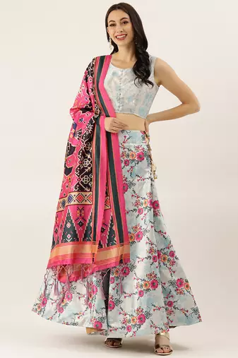 Blue Digital Floral Print Satin Silk Fabric Semistitched Lehenga Choli With Jequared Unstitched Blouse with Dupatta