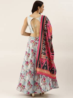 Blue Digital Floral Print Satin Silk Fabric Semistitched Lehenga Choli With Jequared Unstitched Blouse with Dupatta 3