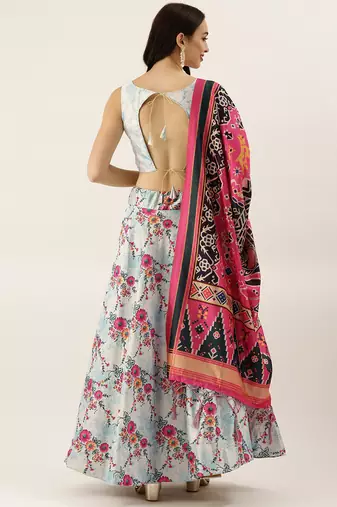 Blue Digital Floral Print Satin Silk Fabric Semistitched Lehenga Choli With Jequared Unstitched Blouse with Dupatta