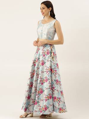 Blue Digital Floral Print Satin Silk Fabric Semistitched Lehenga Choli With Jequared Unstitched Blouse with Dupatta 4