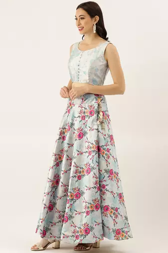 Blue Digital Floral Print Satin Silk Fabric Semistitched Lehenga Choli With Jequared Unstitched Blouse with Dupatta