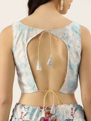 Blue Digital Floral Print Satin Silk Fabric Semistitched Lehenga Choli With Jequared Unstitched Blouse with Dupatta 5