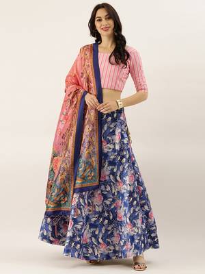 Pink Digital Floral Print Satin Silk Fabric Semistitched Lehenga Choli With Jequared Unstitched Blouse with Dupatta 1