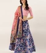 Pink Digital Floral Print Satin Silk Fabric Semistitched Lehenga Choli With Jequared Unstitched Blouse with Dupatta