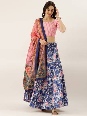 Pink Digital Floral Print Satin Silk Fabric Semistitched Lehenga Choli With Jequared Unstitched Blouse with Dupatta 2