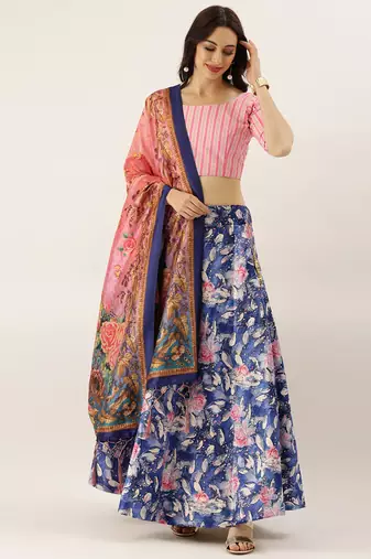 Pink Digital Floral Print Satin Silk Fabric Semistitched Lehenga Choli With Jequared Unstitched Blouse with Dupatta