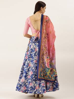 Pink Digital Floral Print Satin Silk Fabric Semistitched Lehenga Choli With Jequared Unstitched Blouse with Dupatta 3