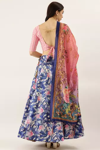 Pink Digital Floral Print Satin Silk Fabric Semistitched Lehenga Choli With Jequared Unstitched Blouse with Dupatta