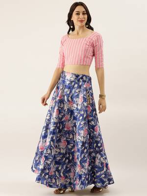 Pink Digital Floral Print Satin Silk Fabric Semistitched Lehenga Choli With Jequared Unstitched Blouse with Dupatta 4