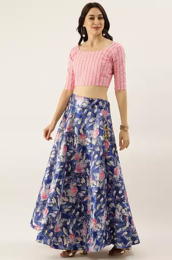 Pink Digital Floral Print Satin Silk Fabric Semistitched Lehenga Choli With Jequared Unstitched Blouse with Dupatta