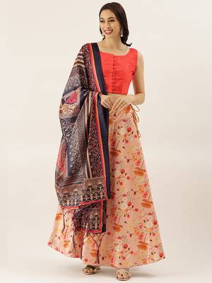 Orange Digital Floral Print Satin Silk Fabric Semistitched Lehenga Choli With Jequared Unstitched Blouse with Dupatta 1