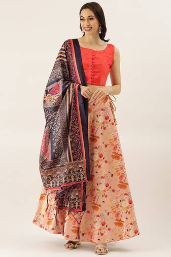 Orange Digital Floral Print Satin Silk Fabric Semistitched Lehenga Choli With Jequared Unstitched Blouse with Dupatta