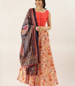 Orange Digital Floral Print Satin Silk Fabric Semistitched Lehenga Choli With Jequared Unstitched Blouse with Dupatta